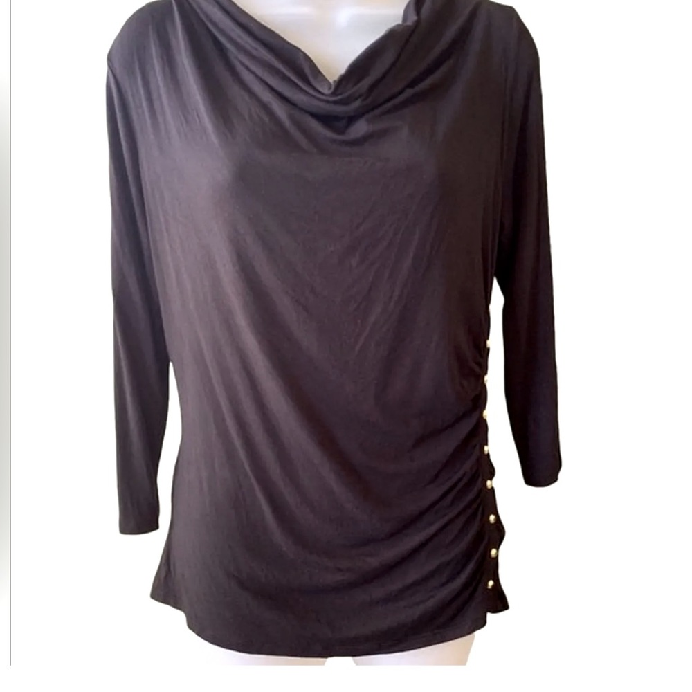 MICHAEL Michael Kors Black Drape Neckline 3/4 Sleeve Top Gold Buttons  Medium - Picture 2 of 9